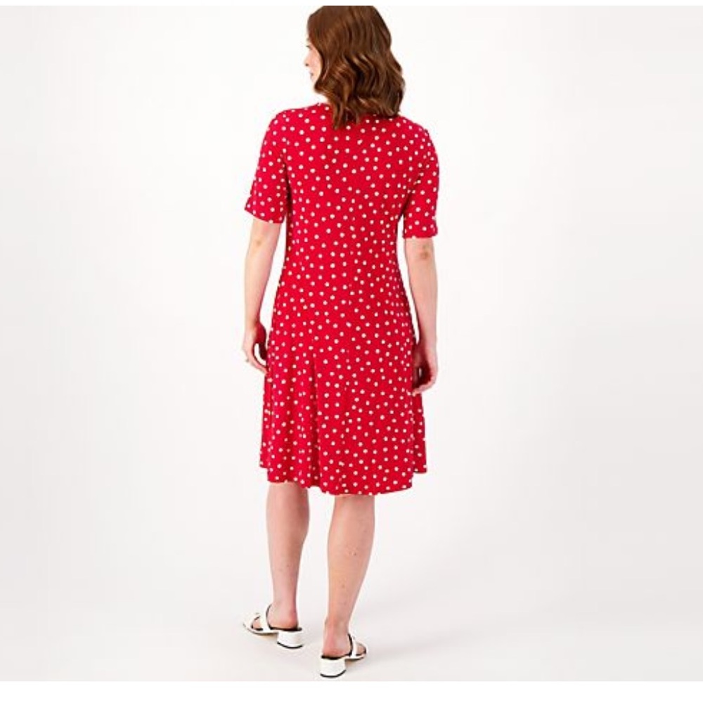 Susan Graver Printed Liquid Knit Fit & Flare Dress Large Tall Red Dot Pockets - Picture 2 of 10